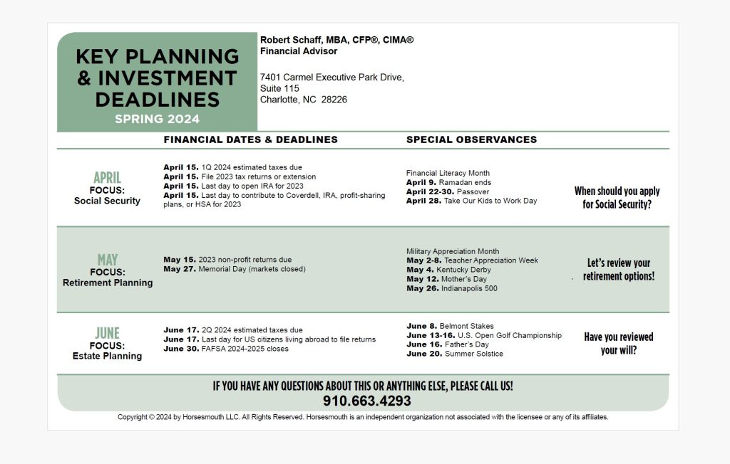 Spring 2024 Key Planning and Investment Deadlines